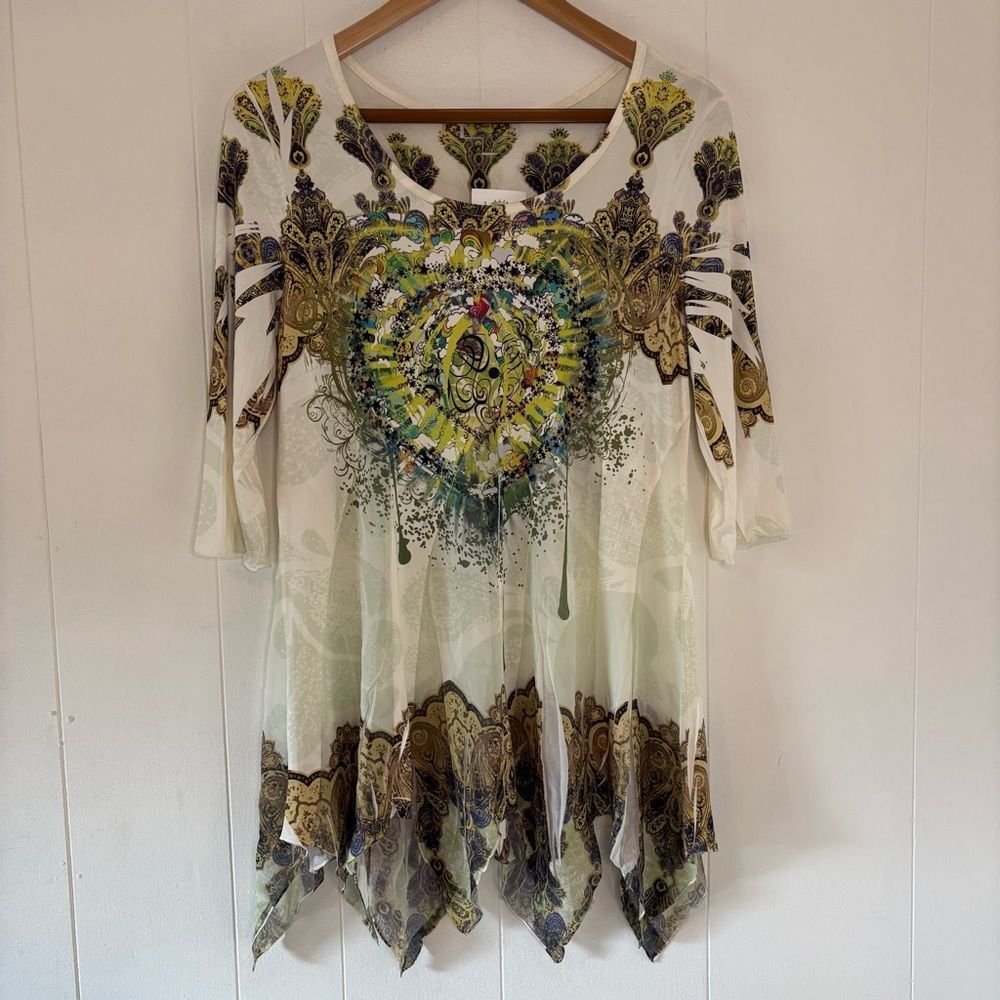 NWT Silky/Chiffon Bohemian Earthy Boho Tunic Asymmetrical Hem Women’s Large